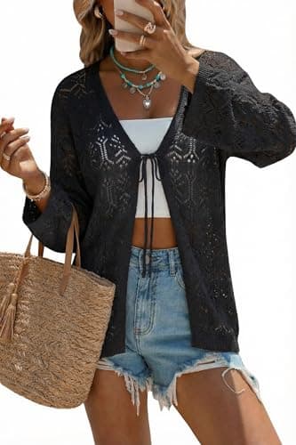Arach&Cloz Women's Linen Blend Summer Crochet Cardigans Sweater Long Sleeve Lightweight Tie Open Front Lacey Knitted Sweater Boho Cover Up Beach Vacation Outfits Resort Wear Trendy 2026 Black L - Image 1