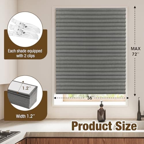 Zipcase 6 Pack Window Blackout Shades, 65% Shading Cordless Light Filtering Pleated Paper Shades, 36 in x 72 in(Fits Windows 19”- 36”), Grey - Thumbnail 5