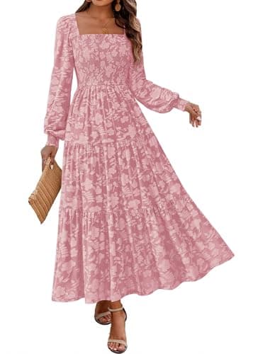 KIRUNDO Wedding Guest Dresses for Women 2026 Spring Summer Long Sleeve Smocked Floral Flowy Baby Shower Maxi Dress Pockets (Pink, Small) - Image 1
