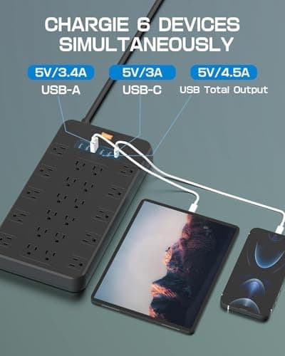 Power Strip 10 FT Cord with 22 Outlets 6 USB Ports(2 USB C), 1875W/15A, 10 FT Flat Plug 3 Prong Extension Cord with Multiple Outlets for Home Office, Dorm, Gaming, Black - Thumbnail 6
