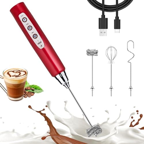 Nahida Red Milk Frother Wand for Coffee - Rechargeable Handheld Electric Whisk with 3 Heads, 3 Speeds - Drink Mixer for Latte, Cappuccino, Hot Chocolate - Image 1