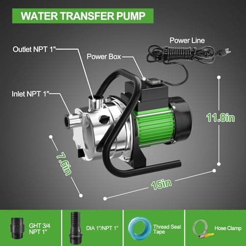SHANGDA Water Transfer Pump 110V Shallow Well Pump 1.2HP 1200GPH Electric Portable Garden Pressure Booster Pumps for Sprinkler Irrigation Lawn with Adapters, Green - Thumbnail 6