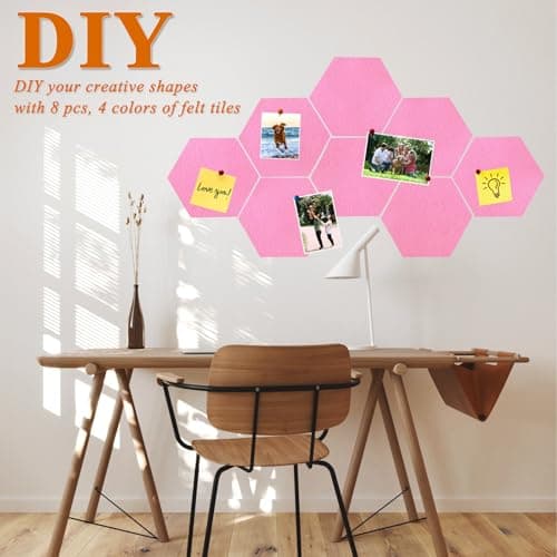 HULAVO 8 Pcs Hexagon Felt Cork Bulletin Board Tiles, Self Adhesive DIY Bulletin Board Pin Board for Office School Home Wall Decor Memos Photos Display(Bright Pink) - Thumbnail 3
