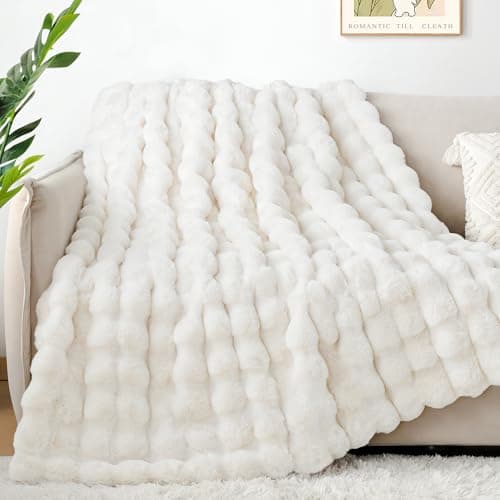 Touchat Luxury 1000GSM Faux Rabbit Fur Throw Blanket, Super Heavy Warm Cozy Blankets for Couch Bed Sofa, Bubble Plush Fuzzy Elegant Soft Reversible Mink Blanket for Living Room Bedroom, Cream White - Thumbnail 5