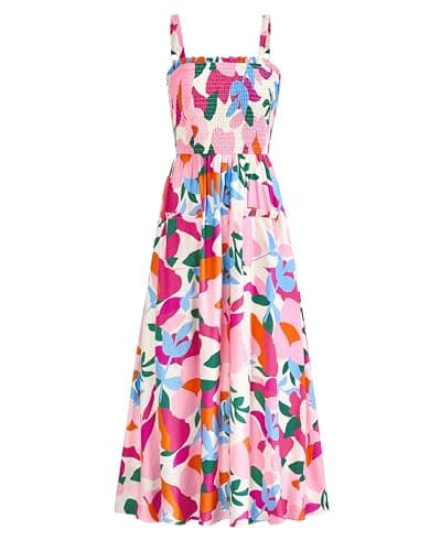 PRETTYGARDEN Womens Summer Dresses 2026 Casual Spaghetti Strap Ruffle Smocked Flowy Floral Spring Maxi Dress with Pocket(Apricot Rose Red Flower,Large) - Image 1