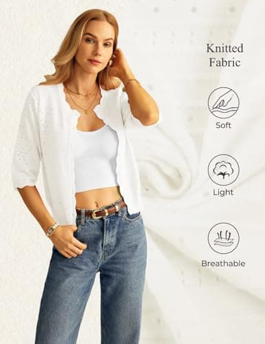 GRACE KARIN Cardigan Sweaters for Women White 3/4 Short Sleeve Lightweight Summer Cardigan Cropped Spring Fashion Clothing L - Thumbnail 5