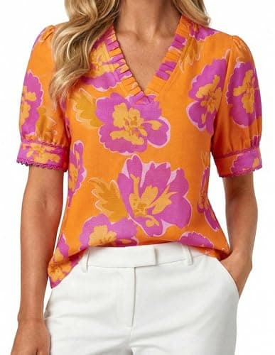GRACE KARIN Women Boho Floral Tops, Summer Puff Short Sleeve Dressy Casual Shirts, 2026 Spring V Neck Vacation Work Blouse Pink Orange XL - Image 1