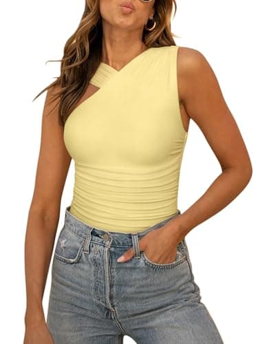 REORIA Womens Sexy Asymmetrical Leopard Print Mesh Ruched Going Out Bodysuits Tank Tops Pastel Yellow XX-Large - Image 1