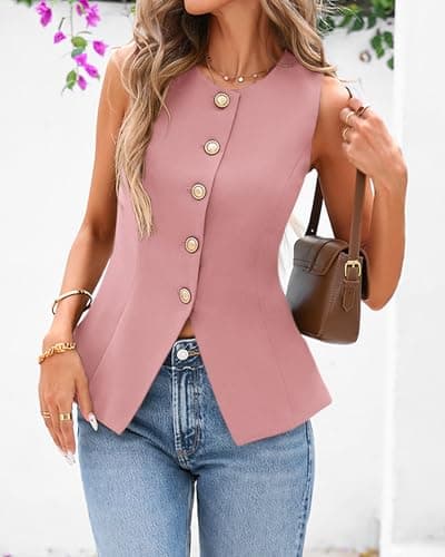 BTFBM Summer Sleeveless Blazer Vest For Women Dressy Button Down Round Neck Business Casual Outfits Work Suit Vests Tops(Pink, Large) - Thumbnail 2