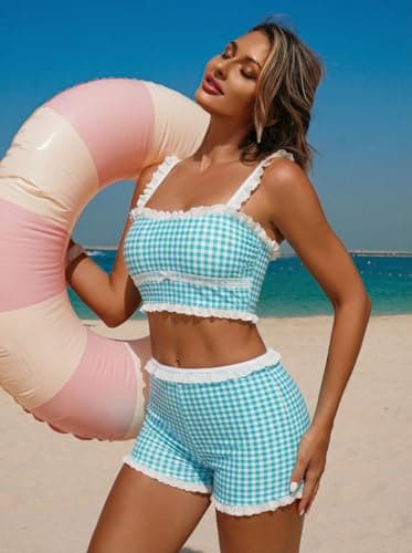 ZAFUL Womens High Waisted Bikini Sets 2 Piece Plaid Ruffle Swimsuits Back Strap Top with High Waisted Shorts Bathing Suit Mint Blue M - Thumbnail 3