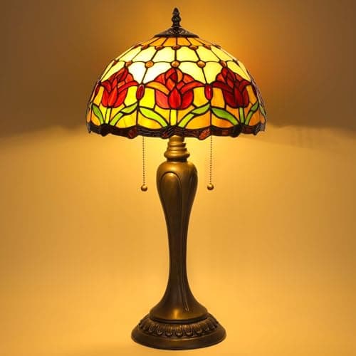 FILIUTF Stained Glass Table Lamp, Red Tulips Style Lampshade Reading Light 12X12X22 Inches, Adjustable 3 Color Temperature Decor for Bedroom Living Room - Thumbnail 2