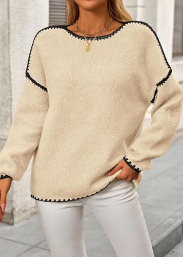 KIRUNDO Womens Sweaters 2025 Fall Oversized Long Sleeve Chunky Knit Crew Neck Contrast Stitching Pullover Winter Clothes(Beige, Small) - Thumbnail 6