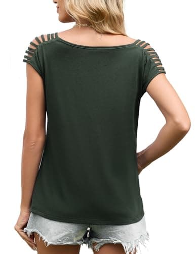 JUSTFASHIONNOW Womens Cold Shoulder Tops Summer Cute T Shirts Going Out Cap Sleeve Tops Dressy Casual Blouses Comfy Trendy Tee Shirts (Army Green,Large) - Thumbnail 6