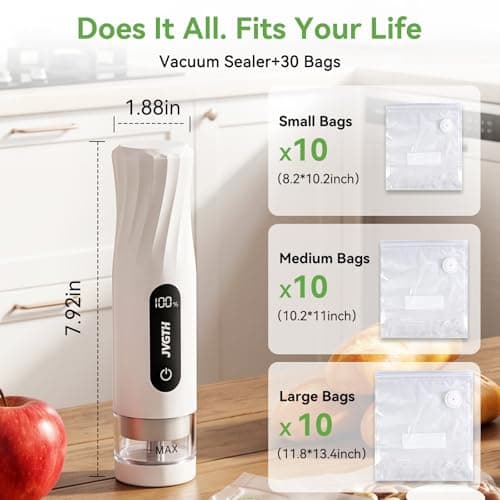 JVGTH Handheld Vacuum Sealer (Food Storage):Compact Vacuum Sealer Food, 80kPa Suction, 1800 mAh Battery, 30 Reusable Sous Vide Bags, Preserve 6X Freshness For Kitchen, BBQ, Travel. - Thumbnail 6