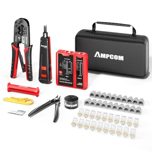 AMPCOM Ethernet Crimping Tool Kit 10-in-1 RJ45/RJ11 Network Tool Kit with RJ45 Tester for Cat6/Cat5e/Cat5 RJ45 Connectors, Includes 110 Punch Down Tool & Wire Stripper, Portable Waterproof Bag