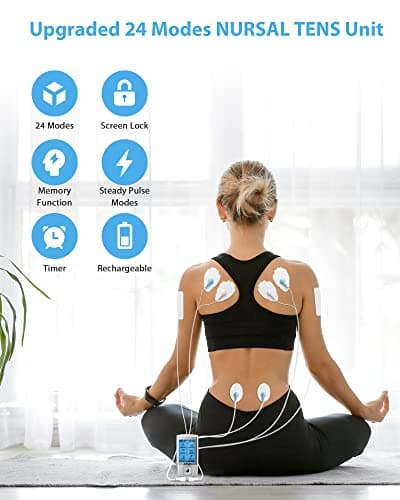 NURSAL 24 Modes TENS Unit Muscle Stimulator with Continuous Stimulation, Rechargeable Electronic Pulse Massager with 8 Pads for Back and Shoulder Pain Relief and Muscle Strength (Silver) - Thumbnail 4
