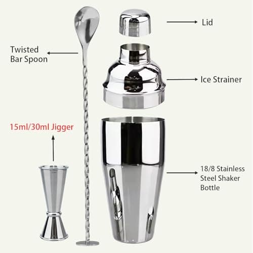 Cocktail Shaker, 24 oz Martini Shaker, Drink Shaker Built-in Strainer, Professional Drink Mixer Set for Beginners, with Measuring Cup and Stirring Spoon, Silver - Thumbnail 4