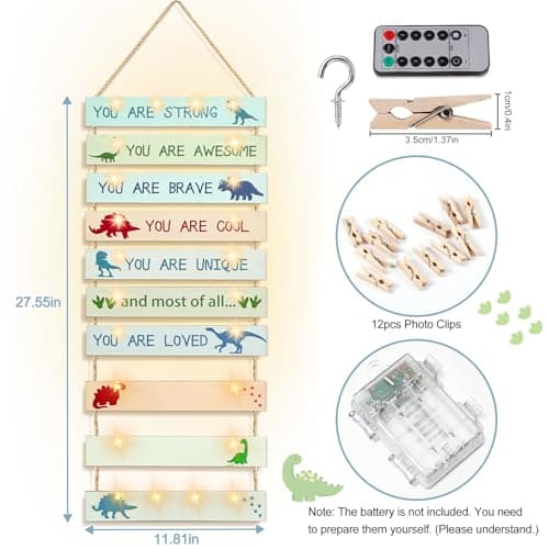 Homecor Rustic Wooden Photo Display with Lights, 12 Clip Hanging Picture Collage Wall Decor for Teen Girls Boys Bedroom, Inspirational Memo Board with String Lights for Birthday Gifts - Thumbnail 2