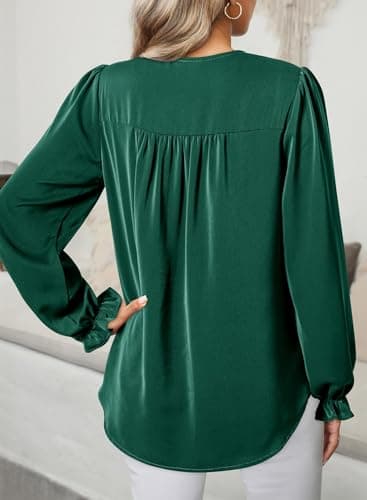 Dokotoo Blouses for Women Dressy Casual Long Puff Sleeve Tops Casual V Neck Green T Shirts Pleated Basic Solid Shirts Tops Oversized Pullover Shirt X-Large - Thumbnail 2