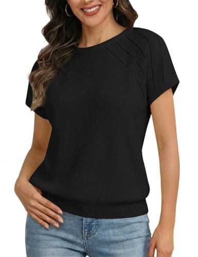 CiCiBird Womens Summer Short Sleeve Tops Crew Neck Lightweight Pullover Sweaters Dressy Casual Blouse Basic Clothes Black M - Image 1
