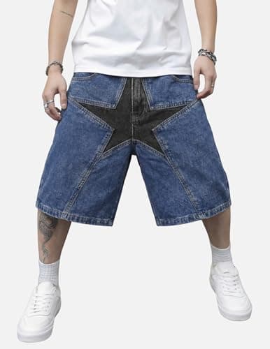 Vamtac Mens Baggy Jorts Y2K Jean Shorts Star Shorts Loose fit Wide Leg Hip Hop Skateboard Denim Short Blue Small/30 - Thumbnail 2