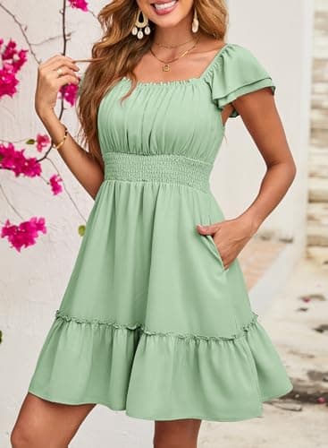 Dokotoo Dresses for Women 2026 Wedding Guest Square Neck Short Sleeve Ruffle Dress High Waist Backless Tiered Smocked Strappy Casual Short Smocked Tiered Ruffle Flowy Dresses Green XX-Large - Thumbnail 3