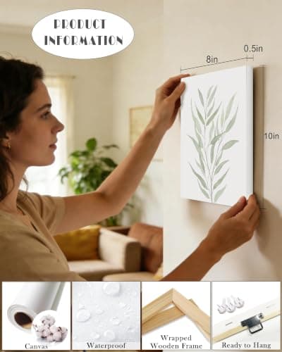 Drsoum Botanical Plant Framed Wall Art Boho Wall Decor for Bathroom Sage Green Eucalyptus Leaf Prints Minimalist Aesthetic Ready to Hang Set of 4, 8x10 in (Framed) - Thumbnail 3