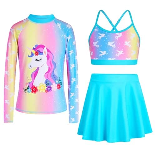 Seanrui 3T Swimsuit Girls Kids Rash Guard Long Sleeve 3 Piece Swimwear Blue Bathing Suits Colorful Horse - Image 1