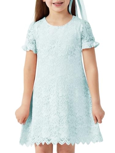ALLOVIN Girls & Toddlers Graduation Soft Lace A-Line Short Sleeve Birthday Party Flower Girl Dress Wedding Communion | Blue | 6Y - Image 1