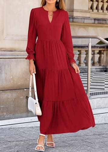Lazysmile Long Sleeve Dress for Women Wine Red - Thumbnail 4