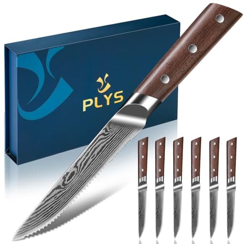 Plys Steak Knives Set of 6 Japanese: Serrated Knife Stainless Steel Steak Knife Set for Kitchen Dishwasher Safe Full Tang Design with Gift Box for Mother and Father - Image 1