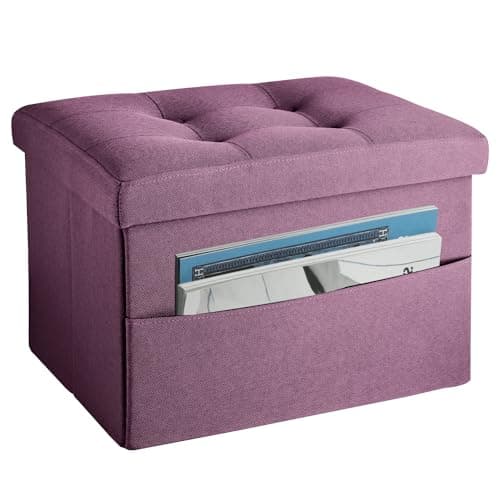 LINMAGCO Storage Ottoman Folding Foot Stool Foot Rest with Side Pocket Modern Ottoman with Storage Short Sofa Stool Linen Cloth 17x13x13(Purple) - Image 1