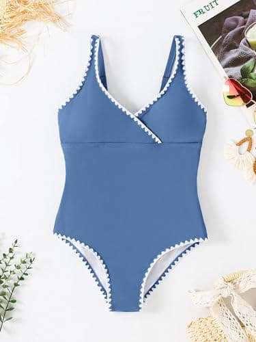 Girls Summer Swimsuit One Piece Bathing Suit Padded Adjustable Strap Swimwear Set Teens Girls Beach Cover Up 13-14T (Blue, 9-10 Years) - Thumbnail 5