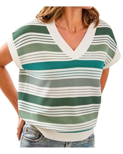 IEEILULU Sweater Vest for Women Cap Sleeve Knit Vest Tops Striped Color Block V Neck Loose Pullover Tank Top Green Sweaters for Women Green XL - Image 1