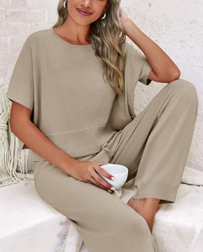 Fisoew Womens 2 Piece Outfits Sweater Sets Knit Split Crop Tops High Waisted Pants Lounge Set - Thumbnail 4