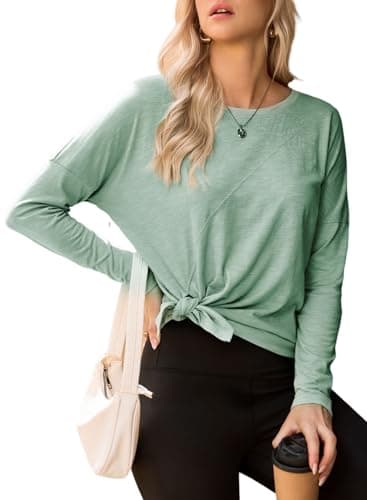 Dokotoo Ladies Long Sleeves T-Shirt for Women Blouses Oversized Fall Creweck Tops Side Split Summer Tie Knot Basic Pullover Trendy Tee Tops,Smoke Green Medium