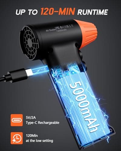 ATEngeus HF600-Pro Compressed Air Duster, 130000RPM Super Power Cordless Electric Air Duster, Rechargeable Handheld Air Blower for PC, Keyboard, Devices, Car, House Cleaning, Car Snow Blower, 3 Gear - Thumbnail 5