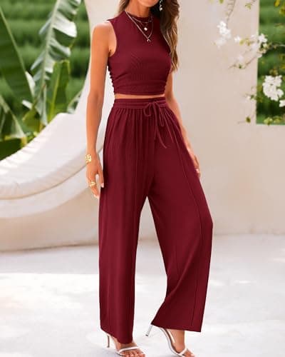 BTFBM Summer Outfits For Women 2026 Ribbed Sleeveless Tank Tops Wide Leg Pants 2 Piece Sets Lounge Set Clothing(Wine Red, X-Large) - Thumbnail 5