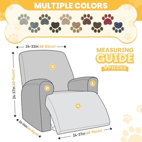 Ruaozz Recliner Chair Covers, 4-Pieces Recliner Cover Stretch Paw Bone Prints Reclining Chair Slipcovers Soft Furniture Protector with Pockets for Lazy Boy Recliner (1 Seat, Light Coffee) - Thumbnail 2