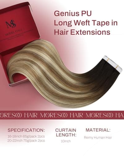 Moresoo Wide Weft Tape in Hair Extensions Human Hair Blonde Genius Tape Weft Hair Extensions Human Hair Dark Brown to Medium Brown Mix with Blonde Tape in Weft Extensions #4/6/613 18 inch 65G 2Pcs - Thumbnail 3