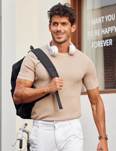 COOFANDY Mens Knit T Shirts Crewneck Dress Shirts Short Sleeve Under T Shirt Summer Resort Wear Khaki - Thumbnail 3