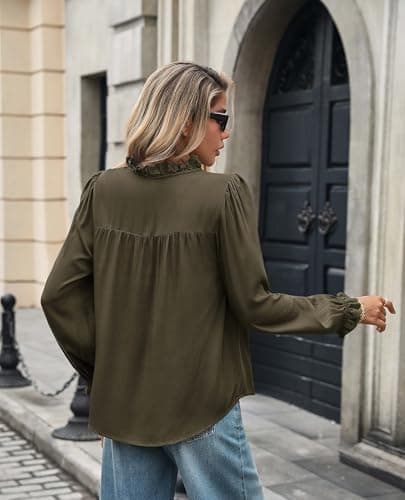 LOOKBOHO Button Down Shirts for Women Dressy Casual Blouses Long Puff Sleeve Shirts Elegant Pleated Tunic Tops Army Green - Thumbnail 5