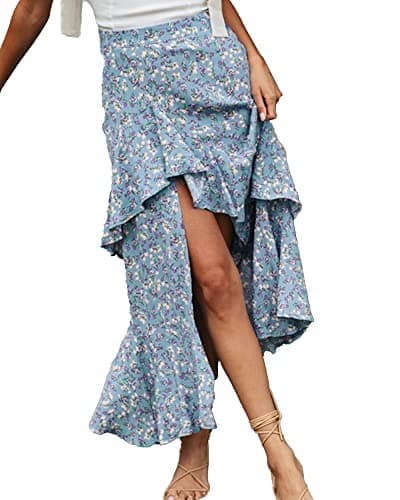 BTFBM Women 2026 Spring Summer Long Skirts Dress Boho Floral Elastic Waist Split Ruffle High Low Beach Maxi Skirt Clothes(Z-Blue, Small) - Image 1