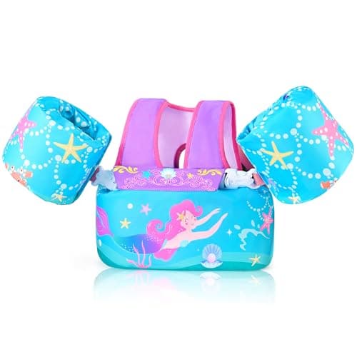 NEMONE Toddler Swim Vest for 22-70 lbs Kids Floaties Swim Jacket with Arm Water Wings for Girls Boys 2 3 4 5 6 7 Years Old Sea Beach Pool (Little Mermaid) - Image 1