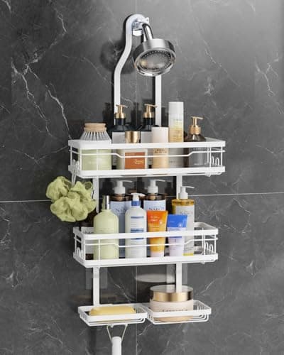 OMAIRA Shower Caddy Hanging with Soap Scrub Holder, Stainless Steel Adjustable No Drilling Non-Slip Large Capacity Sturdy Over Shower Head Shower Organizer Inside Shelves Bathroom Storage Rack, White - Image 1