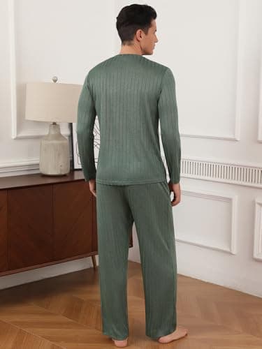 RQP Men's Pajama Sets Long Sleeve Crew Neck Lounge Set with Pockets,Light Green - Thumbnail 6