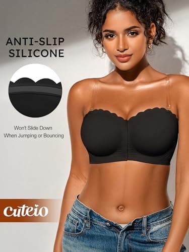 Cuteio Strapless Bras for Women, Front Closure Anti-Slip Comfortable Bandeau Top, Wavy Edge Padded Bra Black - Thumbnail 4