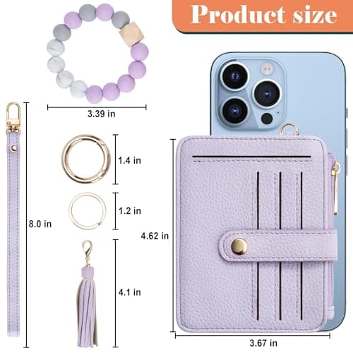 Airkit Wristlet Wallets for Women, Keychain RFID Blocking Credit Card Holder, Small Girly Wallet with Bracelet, Silicone Beaded Tassel Key Ring Card Holder, Purple - Thumbnail 3