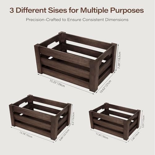 HFYFYXGS Wooden Crates for Storage and Display - Set of 3 Heavy Duty Nesting Wood Crates, Rustic Farmhouse Decorative Storage Boxes for Shelves, Pantry & Home Organization (L/M/S) - Thumbnail 5