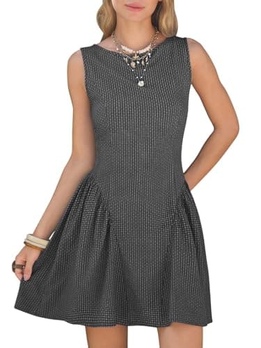 EXLURA Womens Summer Casual Cotton Gingham Dresses Back Elastic Waist Sleeveless Faux Linen Elegant Mini Short Beach Dress Black - Image 1